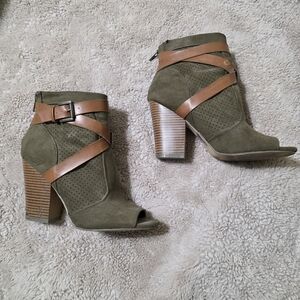 Stylish Just Fab Olive and Tan Women's Ankle Peep-toe Booties